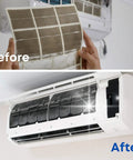 Go-To Mini Split Cleaning Kit Bag With 2L High Pressure Sprayer showing AC before and after cleaning.