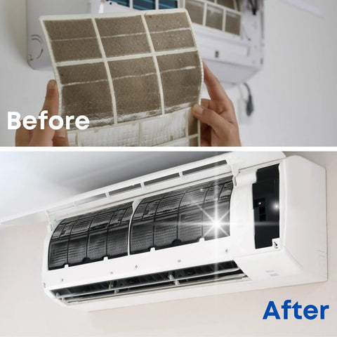 Go-To Mini Split Cleaning Kit Bag With 2L High Pressure Sprayer showing AC before and after cleaning.