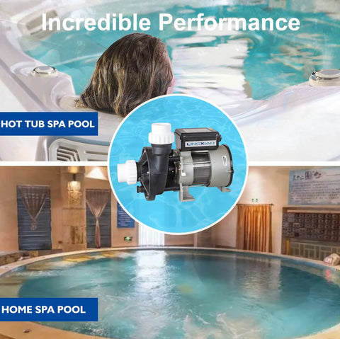 Straight Up Professional Heavy Duty Hot Tub Bath Pump Motor 110V 9A 1.5 Inch Port 116GPM Flow Rate in home spa pool setting.