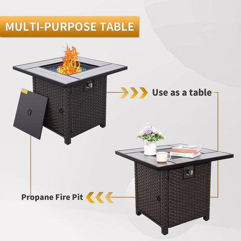 30 Inch Wicker Patio Fire Pit Table With Fire Glass For Outdoor Parties And Gatherings, showing multipurpose use as table and fire pit.