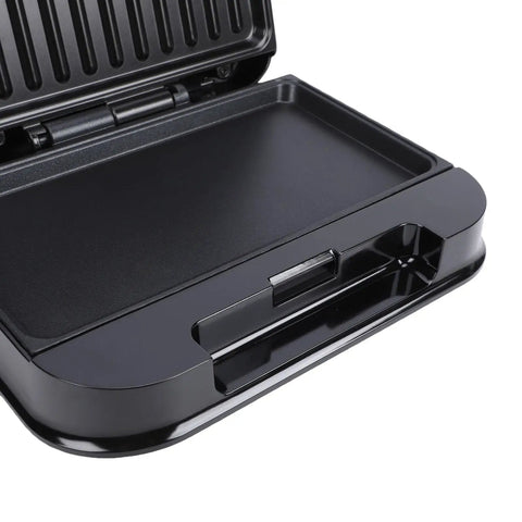 Wisoqu 750W Electric Panini Press Grill With Nonstick Plates shows open grill with nonstick cooking surface, ideal for indoor sandwiches.