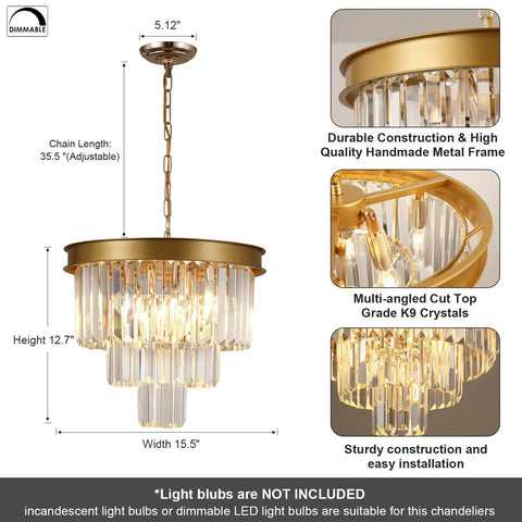 Gold Crystal Chandelier 16 Inch Modern Ceiling Pendant Light Fixture Dimmable Flush Mount Round Chandelier For Dining Room Kitchen Island Foyer Entryway Living Room Totally Chic Glam Glow, showing measurements and crystal details