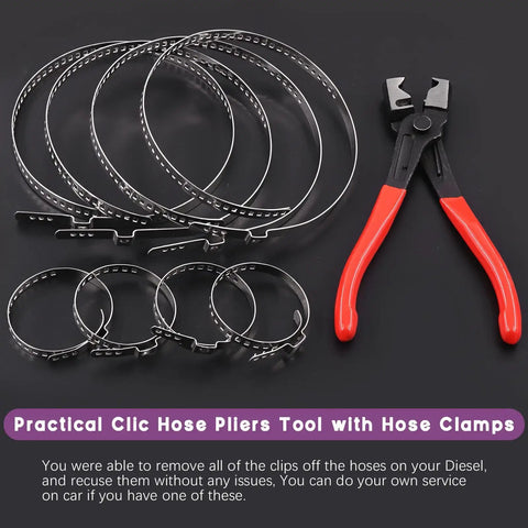 Heavy Duty Multi Purpose Hose Clip Pliers Kit With Small And Large CV Boot Clamps 9Pcs Pro Grade Stainless Steel Crimp Clamp Set For Most Cars ClicR Collar Pliers Adjustable Drive Shaft CV Boot Tool shown with pliers and clamps