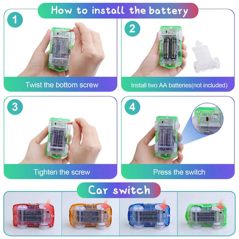 Instructions for battery installation on Glow In The Dark Track Cars 4 Pack Replacement Toys For Kids Aged 3 To 8 With 5 LED Lights.