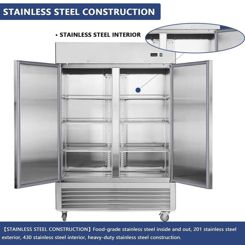 Rock Solid Heavy Duty Commercial Refrigerator With Two Solid Doors 42 Cubic Feet Stainless Steel Upright Fridge interior view with shelves and smart temperature gauge.