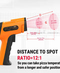 2-In-1 Infrared Thermometer Gun With Laser And Meat Thermometer Digital showing distance to spot ratio for grilling and cooking.