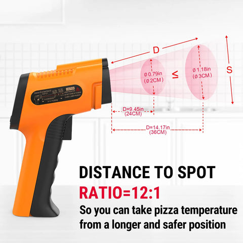 2-In-1 Infrared Thermometer Gun With Laser And Meat Thermometer Digital showing distance to spot ratio for grilling and cooking.