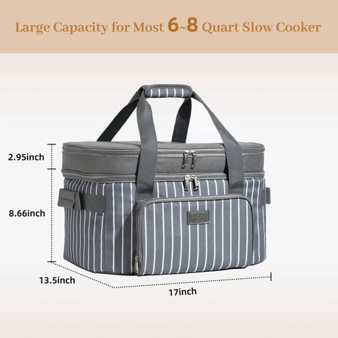 Double Layer Slow Cooker Carrier Bag For 6 To 8 Quart Oval Crock Pot Insulated Travel Case with dimensions labeled