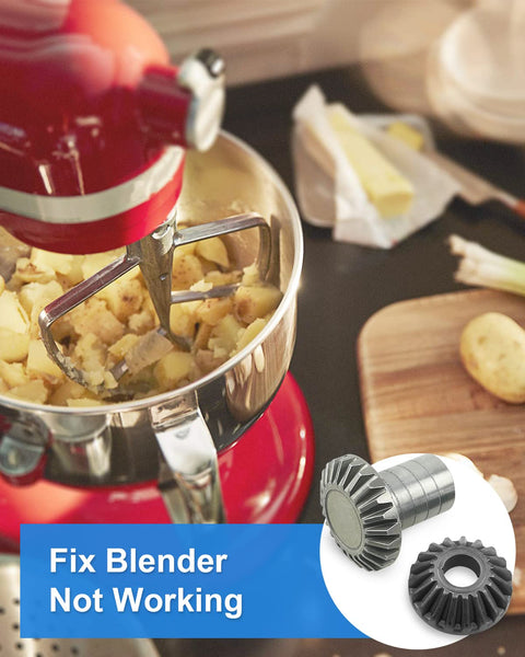Beveled Gears Set For KitchenAid Stand Mixers Beefed Up Replacement Kit lying next to mixer filled with diced potatoes.