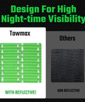 Comparison chart of Towmax and other brand straps highlighting reflective properties. Beefy Four Pack Car Tie Down Straps For Trailers With O Rings And Ratchets 2 Inch By 8 Foot Wheel Straps 10000 Lb Break Strength 3333 Lb Working Load Adjustable Lasso Style Haul Cars Trucks UTVs Green.