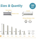 Diagram of 304 Stainless Steel Button Head M5 Screws Kit With 180 Pieces Hex Socket Bolts Nuts And Washers, showing sizes and quantities.