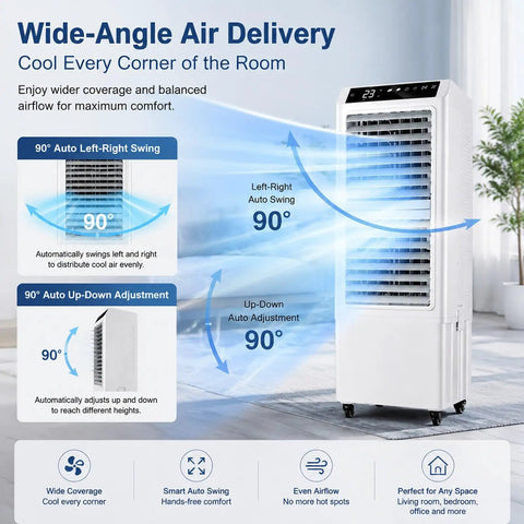 Beast Mode 4500 CFM Evaporative Air Cooler features wide-angle air delivery with 90-degree auto swing for effective cooling.