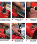 M12x1.25 Thread Repair Kit For Damaged Threads, Heavy Duty Pro Grade Threaded Inserts With Drill Bit, Tap, Installation And Break Tools, Complete Auto And Engine Repair Set, Red. Thread repair steps shown on red engine part