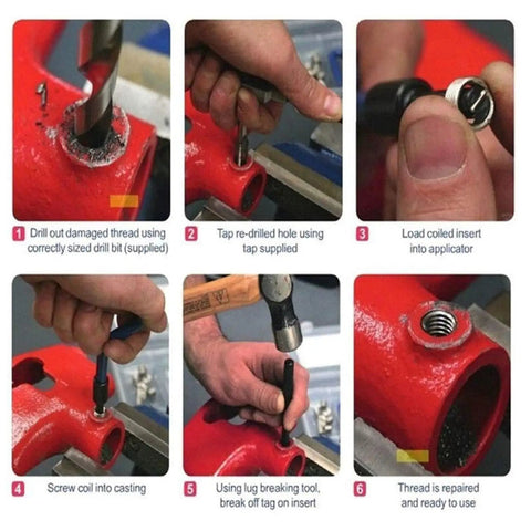 M12x1.25 Thread Repair Kit For Damaged Threads, Heavy Duty Pro Grade Threaded Inserts With Drill Bit, Tap, Installation And Break Tools, Complete Auto And Engine Repair Set, Red. Thread repair steps shown on red engine part