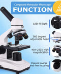 Kids And Adults Microscope With 40X To 2500X Magnification, showing LED light, 360-degree adjustable head, coarse and fine focus.