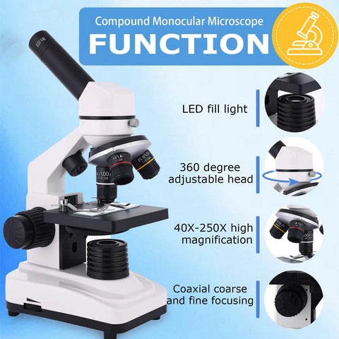 Kids And Adults Microscope With 40X To 2500X Magnification, showing LED light, 360-degree adjustable head, coarse and fine focus.