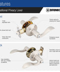 Front and back views of the Six Pack Satin Nickel Privacy Locking Wave Door Levers For Interior Doors, Transitional Bed Bath Hardware Set.