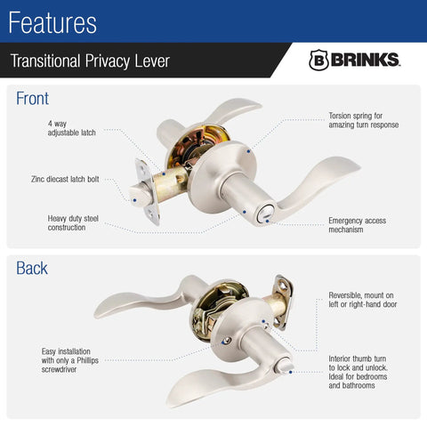 Front and back views of the Six Pack Satin Nickel Privacy Locking Wave Door Levers For Interior Doors, Transitional Bed Bath Hardware Set.