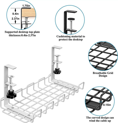 Under Desk Cable Management No Drill 32 Inch 2 Pack Fast Clip On Cable Organizer with grid design and clamps for desks 0.4-2.37 inches.