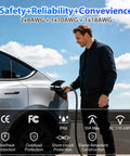 Heavy Duty 21 Foot NACS EV Extension Cord Supports Up To 50A At 240V in use, connecting to an electric vehicle for charging.
