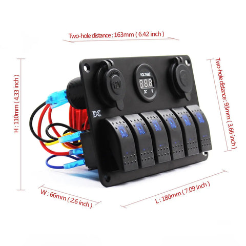 Beefy 12V Marine Rocker Switch Panel 6 Gang With Blue LED Waterproof Toggle Control dimensions detail view