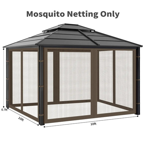 Outdoor 10x10 Gazebo Mosquito Netting Replacement Panels Set With Zipper Doors, 4 Screen Sidewalls for Patio Garden Coffee Color