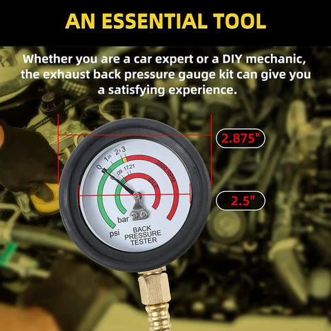 Pro Grade Exhaust Back Pressure Tester Kit With 6 Foot Hose, Professional Car Exhaust Back Pressure Gauge, Adapter And Hose Clamp, Includes Durable Carton Packaging, 2.5-inch gauge close-up