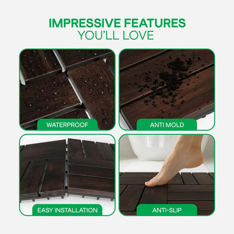 Interlocking Deck Tiles For Indoor And Outdoor Use Waterproof Acacia Wood Patio Tiles Dark Brown Checker Pattern 11.81 Inch