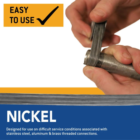 Using Heavy Duty Nickel PTFE Thread Seal Tape on metal pipe connections for tough plumbing jobs.