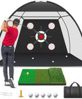 Golfer using 10x7 Foot Golf Net With Practice Mat Hitting Aid For Backyard Driving Chipping And Swing Training Bullseye Target And Four Direction Pockets For Indoor Or Outdoor Use Easy Setup Great Gift For Men Dad Him
