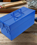 Badass Blue Iron Double Layer Toolbox Organizer With Grip Carry Handle Portable Heavy Duty Build For Garage Setup Or Job Site Grind To Keep Tools Locked In, shown on wooden surface.
