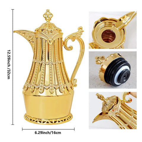 Arabic And Turkish Style Luxury Insulated Coffee Carafe 34 Oz Vacuum Bottle For Hot Or Cold Beverages Tea And Coffee Easy Pour Spout Insulated Handle Boss Level Home Office Housewarming Gift Gold Finish