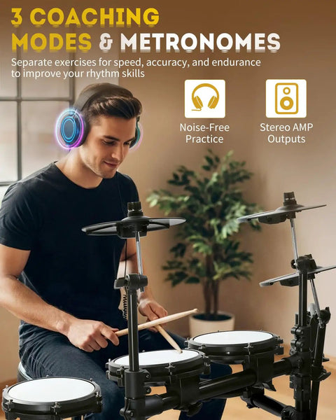 Man playing Electric Drum Set With USB MIDI Dual Power Modes Dual Zone Triggering 64 Polyphony 225 Authentic Sounds
