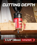Pro Grade 15 Piece Hole Saw Kit Five Eighths Inch To Three Inches with Shark Tooth HSS cutter in wood, showing cutting depth.