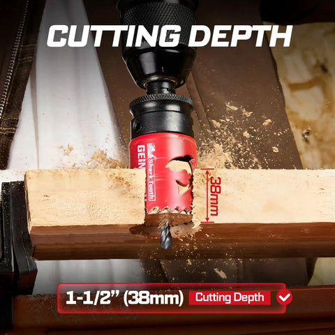 Pro Grade 15 Piece Hole Saw Kit Five Eighths Inch To Three Inches with Shark Tooth HSS cutter in wood, showing cutting depth.