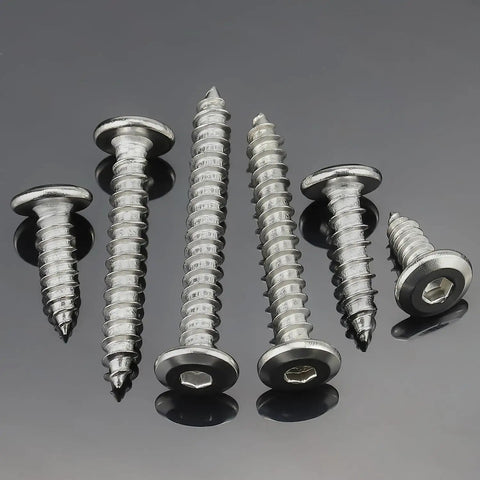 Dang Tough 100 Pack M3 X 20mm Flat Head Self Tapping Sheet Metal Screws Forged From Premium 304 Stainless Steel on dark background.