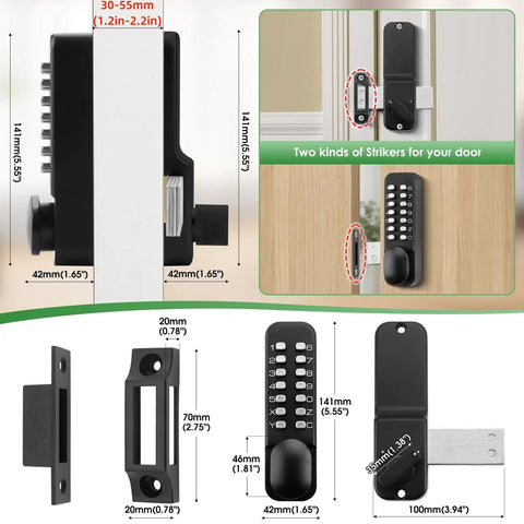 Old-School Mechanical Keyless Keypad Door Knob Lock With Bolt dimensions and components in matte black finish