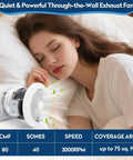 Woman sleeping while Through The Wall Exhaust Fan With White Grille, 6 Inch Duct pulls 80 CFM fresh air, shown installed.