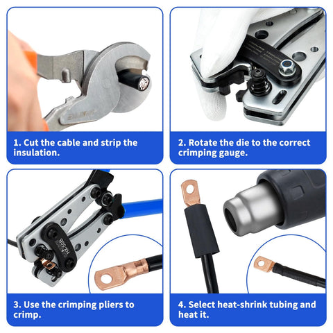 Battery Cable Lug Crimping Tool Set For AWG 10 Up To One Zero With Rotating Die And High Precision Jaws, copper lugs, heat shrink