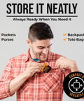 Front view of Care Touch anti-fog glasses wipes packet held by a man in an orange plaid shirt.