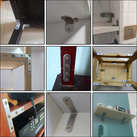 Stainless Steel Corner Brackets 9.7 Inch 8 Hole Straight Fixing Brace Plates Pack of 4 installed on various furniture and shelves