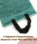 Reusable Hanging Wet Dry Bag Duo For Baby Gear And Travel Needs with two zippered pockets and nylon handles on teal fabric.