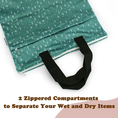 Reusable Hanging Wet Dry Bag Duo For Baby Gear And Travel Needs with two zippered pockets and nylon handles on teal fabric.