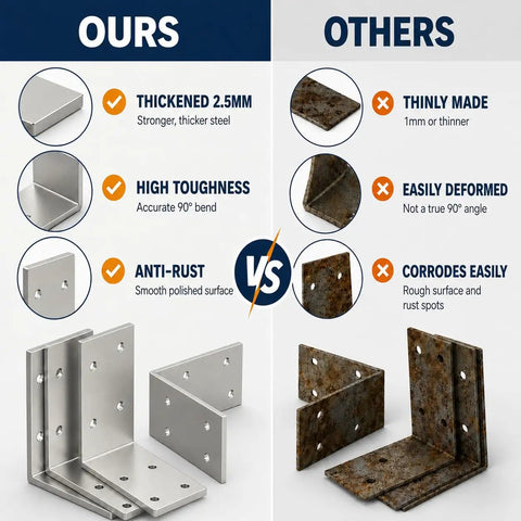 Comparison of Heavy Duty 3X3 Inch L Brackets Galvanized Steel Corner Braces and inferior metal connectors.