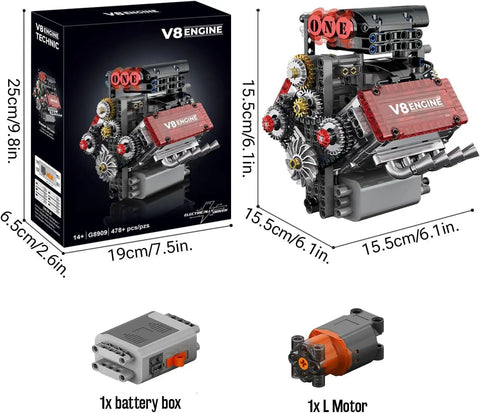 Mini V8 Engine Kit That Really Runs With Battery And Motor, Build Your Own 8 Cylinder STEM Engine Model, realistic piston build with battery box and L motor