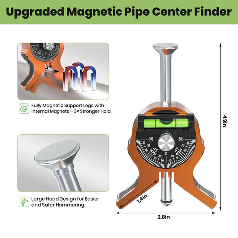 Front view of Nuvium pipe center finder with orange Y-shaped base, dial protractor, and embedded magnets