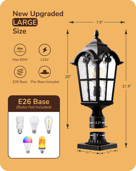 Large Size Dusk To Dawn Outdoor Post Light With Photocell Sensor, 21.9 Inch Tall Hardwired Pole Lamp, E26 base measurements
