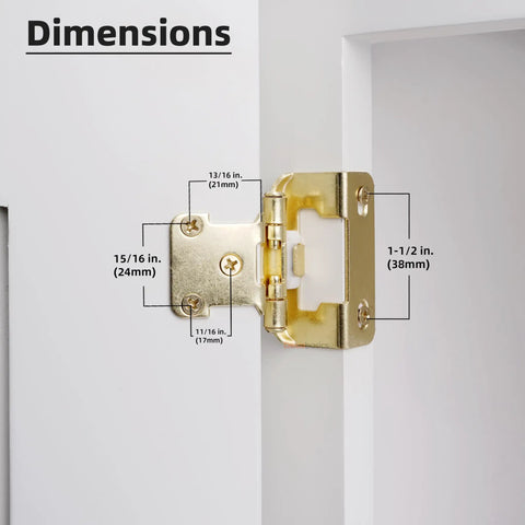 50 Pack Half Inch Overlay Brushed Gold Cabinet Hinges For Face Frame Cabinets with dimensions labeled, partial wrap view