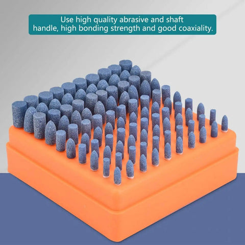 100 Piece Workhorse Polishing Stone Head Set For Grinder Burr Bits With 3mm Shank on orange base
