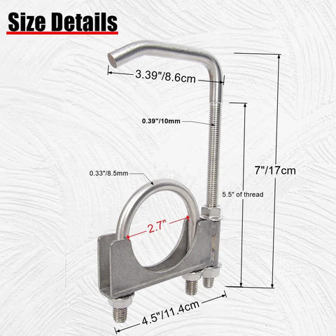 Size details of Beefy Heavy Duty Stainless Steel Exhaust Clamp With Hanger Rod For Two And A Half Inch Exhaust Pipes Seven Inch Hanger Rod Five And A Half Inch Thread M10 Thick Rod Durable Automotive Exhaust System Mounting Clamp